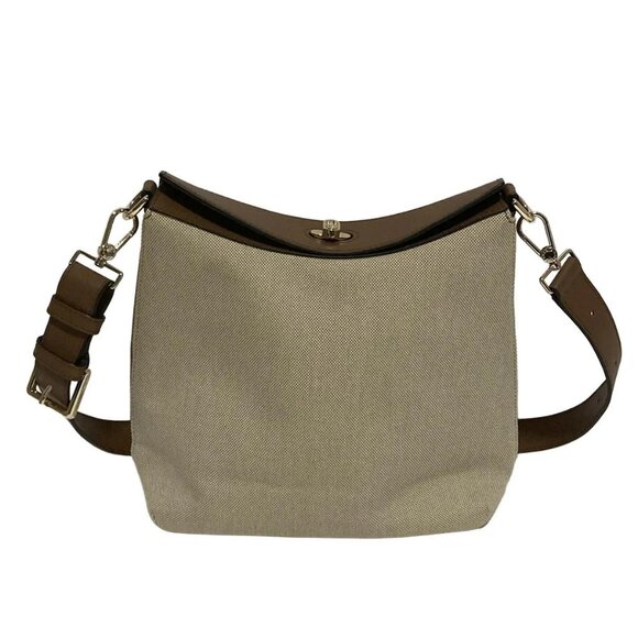 Auth FURLA - Beige Dark Brown Canvas Leather Shoulder Bag - Picture 1 of 11